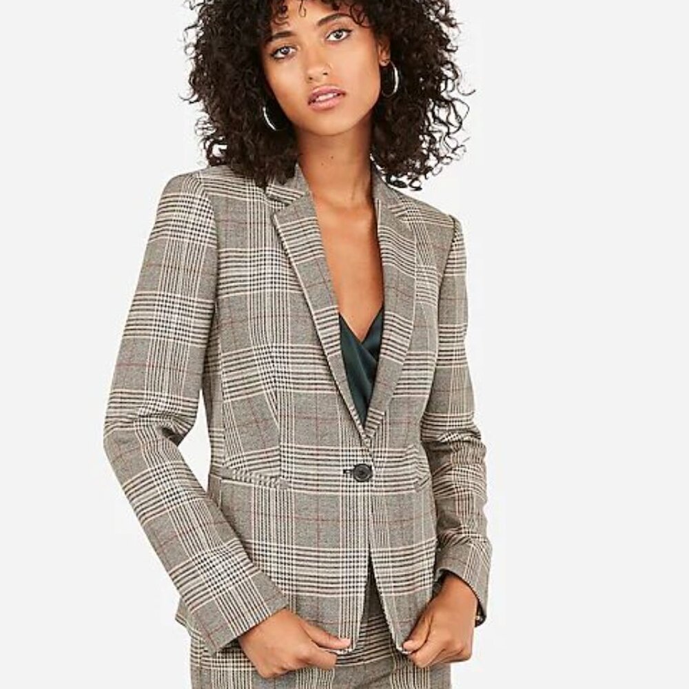 Express Plaid Notch Collar One Button Blazer Grey Tan